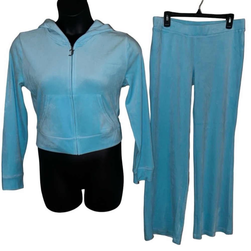 JUICY COUTURE CRYSTAL BLUE OG BLING RHINESTONE XL VELOUR TRACKSUIT SWEATSUIT NWT - Picture 3 of 9